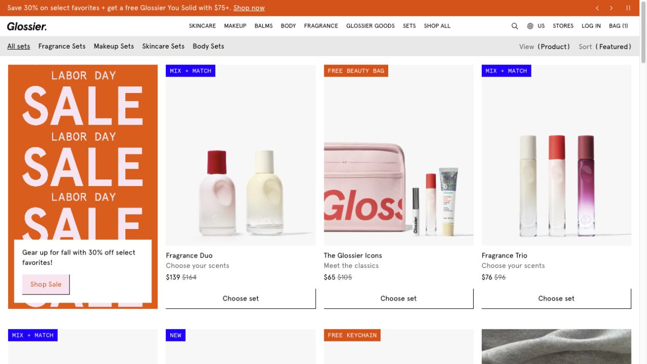 Glossier sets collection showing value-led product bundles and offer merchandising