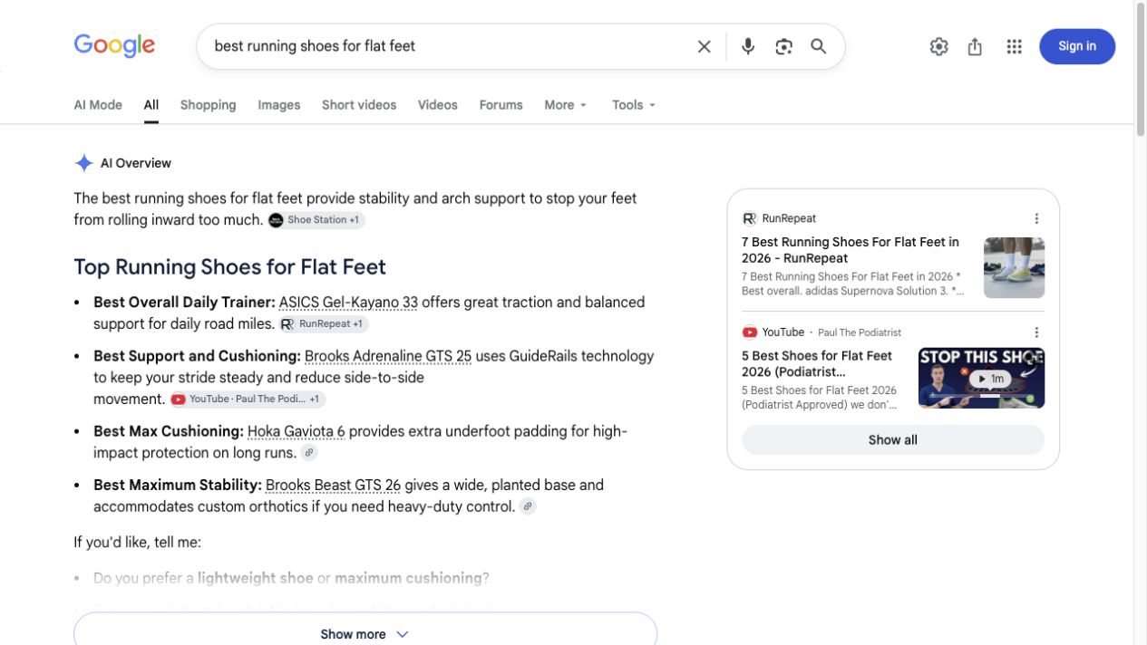 Google AI Overview for running shoes showing named product recommendations, comparison criteria, supporting sources, and a follow-up path