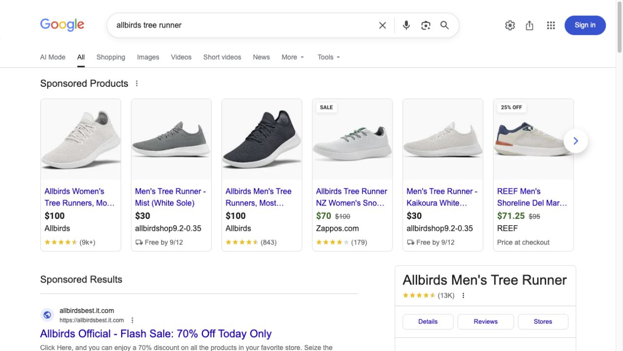 Live Google Search results for Allbirds Tree Runner showing sponsored product cards with images, titles, prices, merchants, ratings, and delivery details