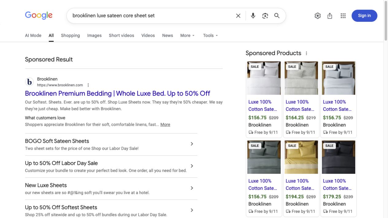 Live Google results for Brooklinen Luxe Sateen sheets showing the brand result beside product cards with images, current prices, offers, and merchant names