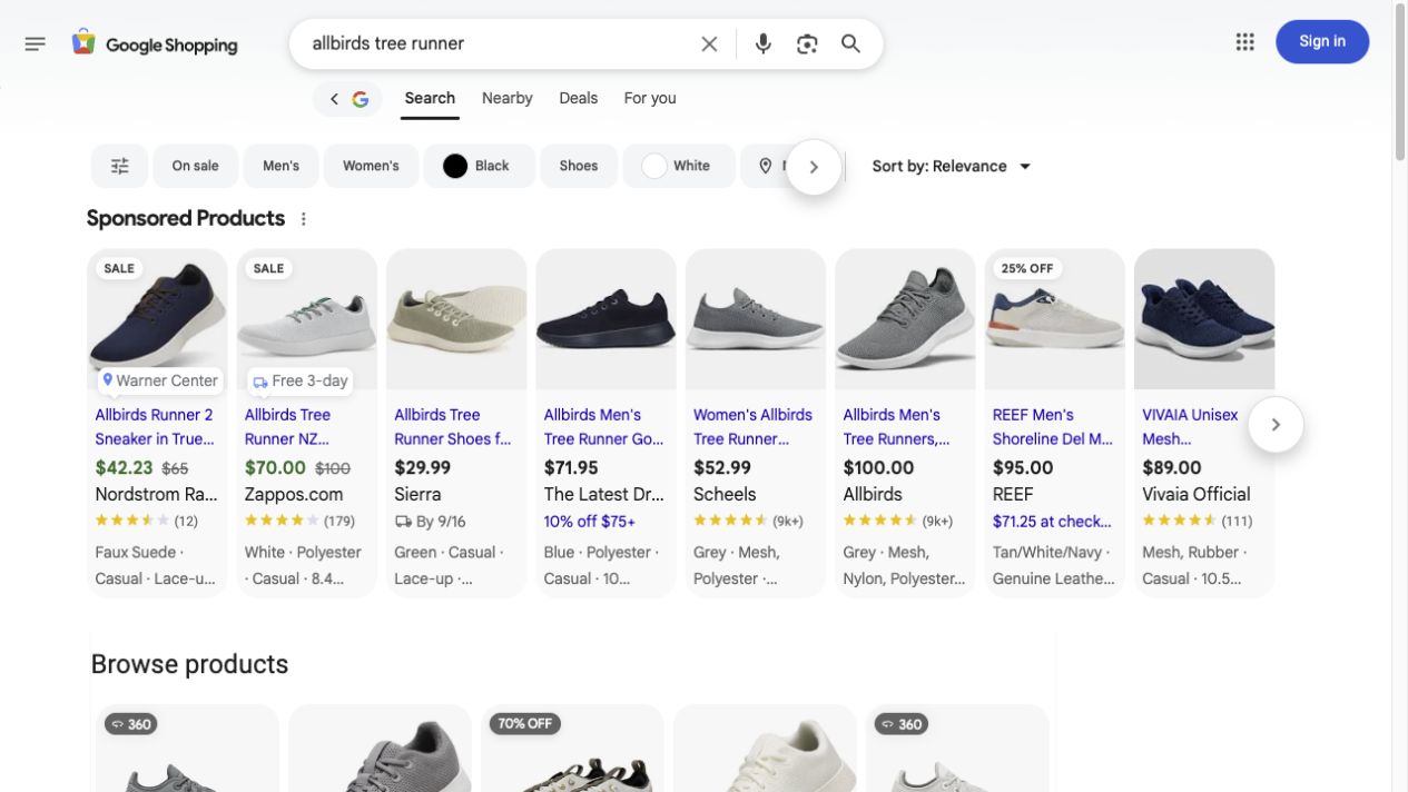 Live Google Shopping results for Allbirds Tree Runner showing product cards with titles, images, prices, merchants, ratings, delivery, and sale details