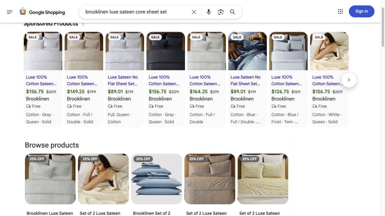 Live Google Shopping results for Brooklinen Luxe Sateen sheets showing product variants, sale prices, merchants, images, and shopping filters