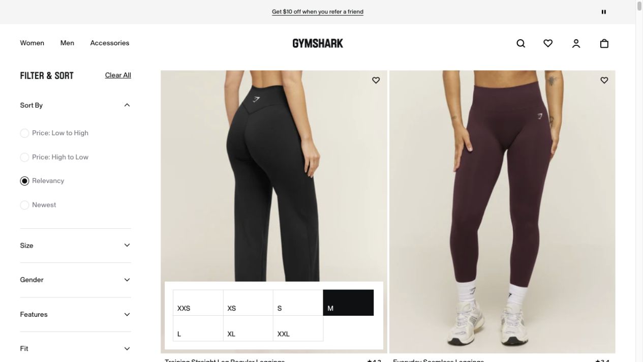 Gymshark collection page showing sorting, shopper-facing filters, size options, and a product grid