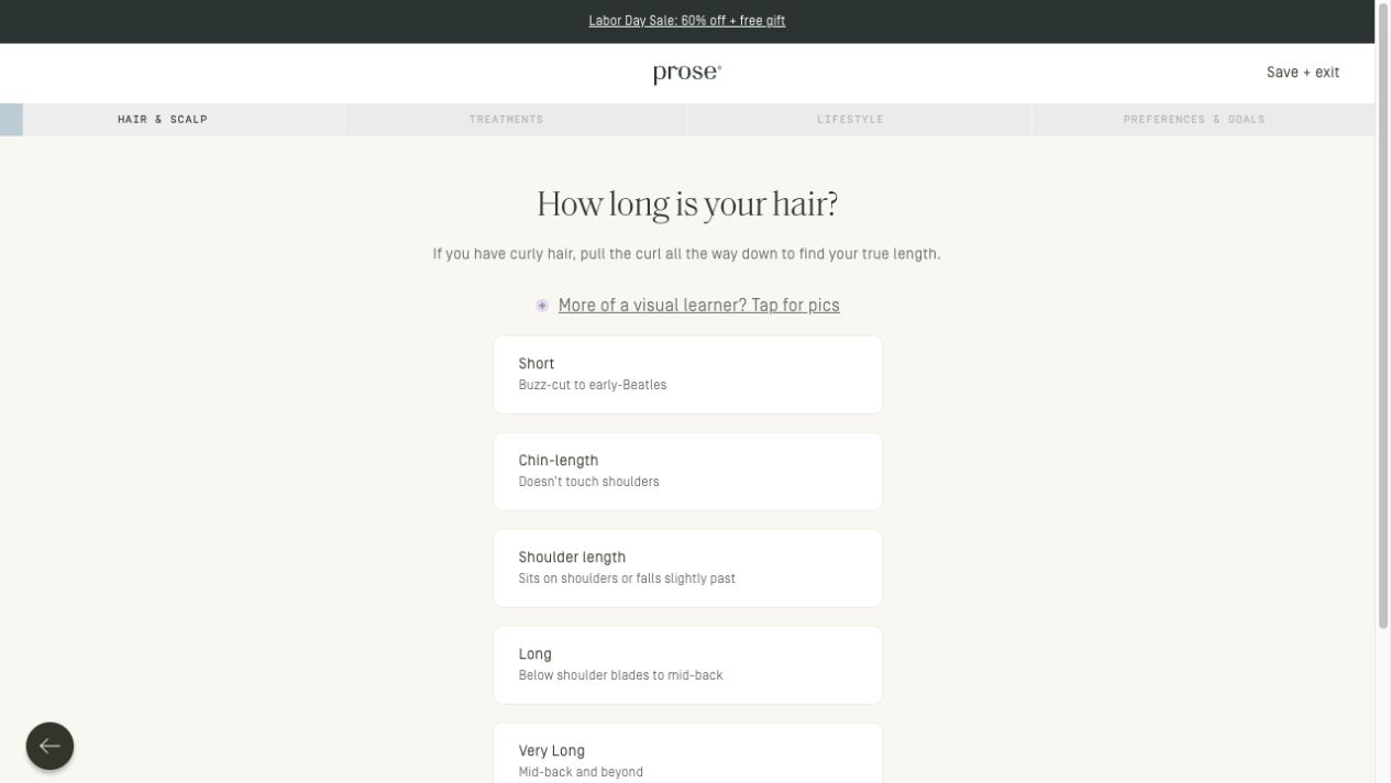 Prose hair consultation showing a step-based product quiz with progress categories, a visual-help option, and clearly defined answer choices