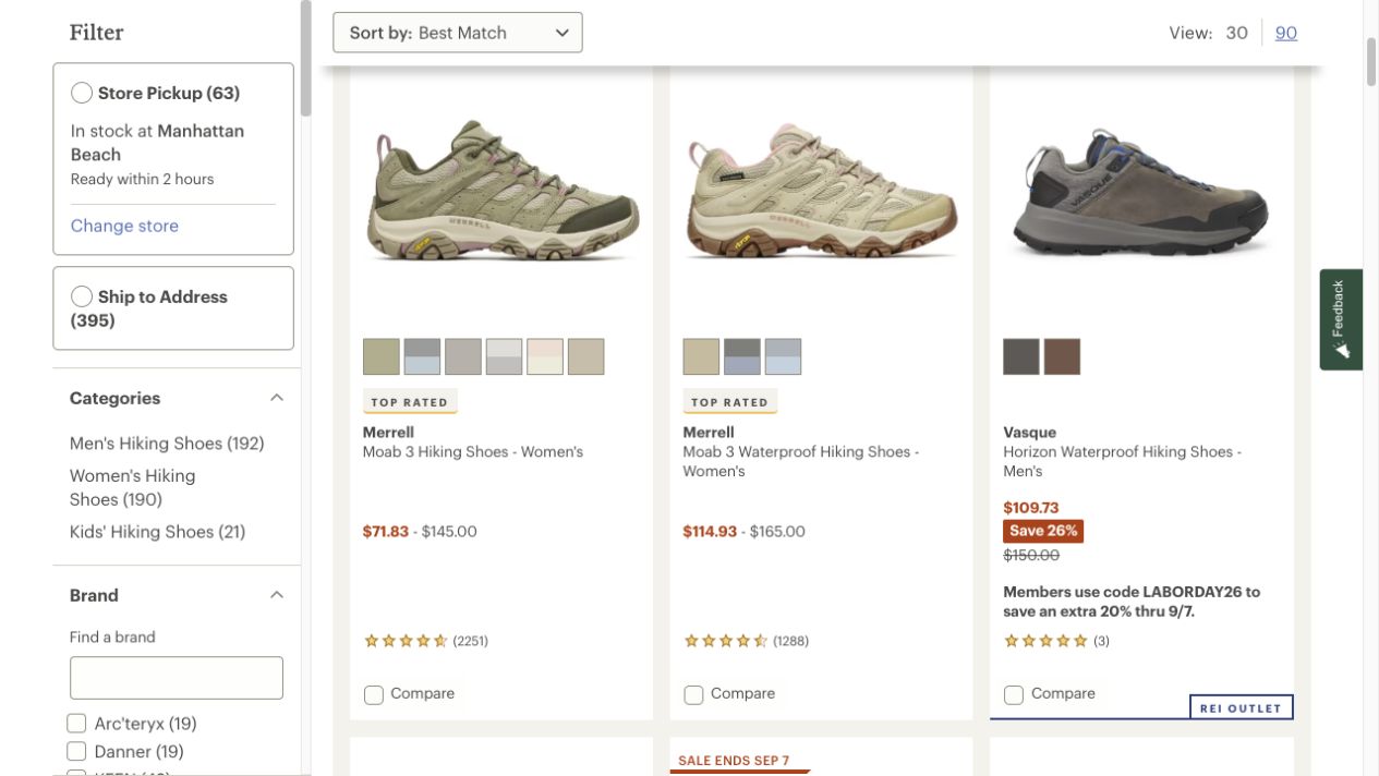 REI hiking shoes category page showing subcategory links, filters, sorting, product cards, reviews, pricing, and comparison controls