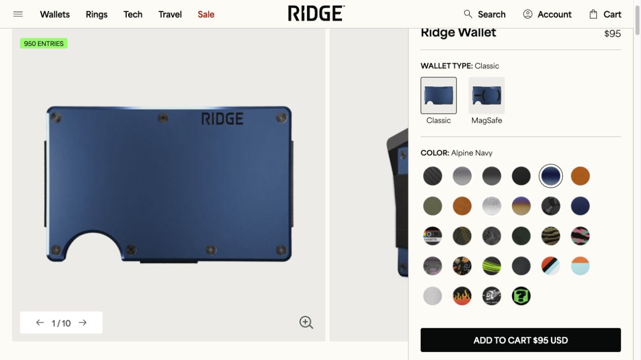 Ridge Wallet product page showing brand-owned product imagery, variants, price, merchandising, and add-to-cart path