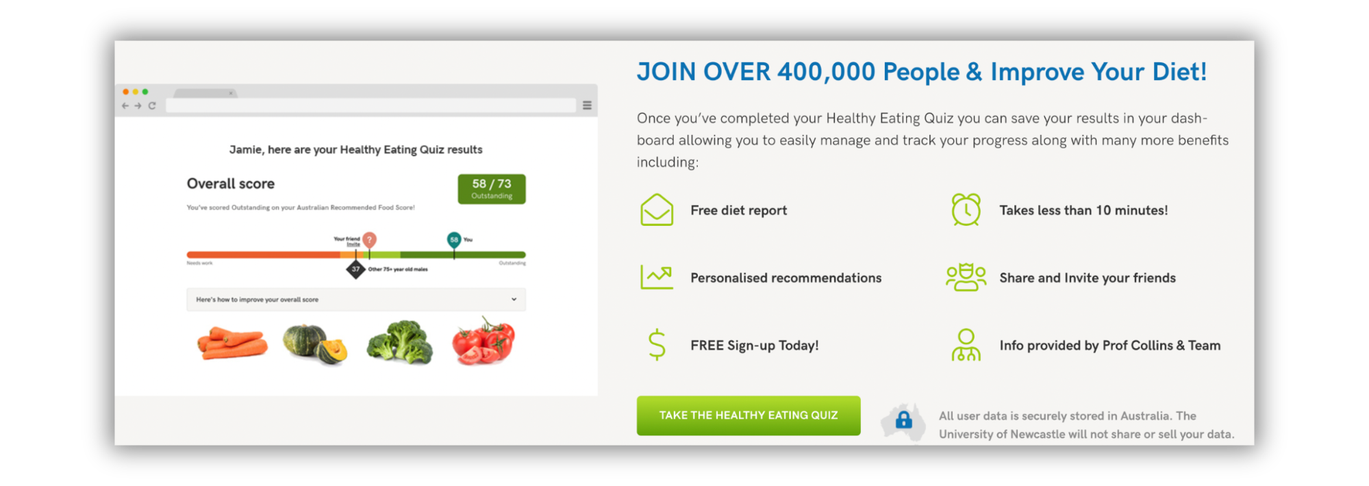 Diet quiz landing page example for healthcare assessment email capture