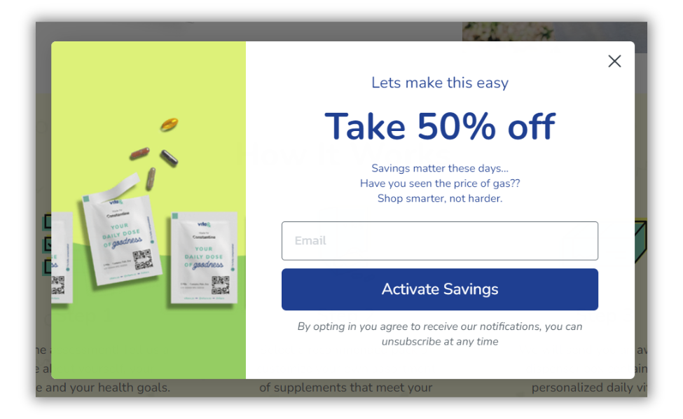 Healthcare offer discount code pop-up example for lead generation