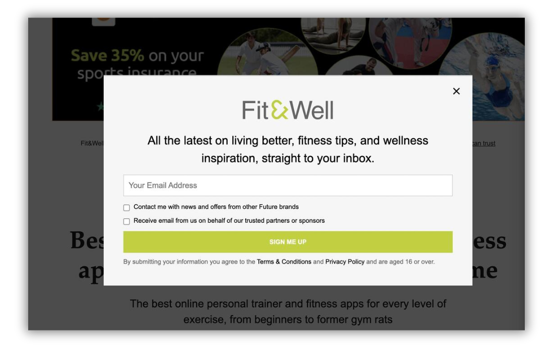 Fit Well health tips newsletter pop-up example for wellness audience building
