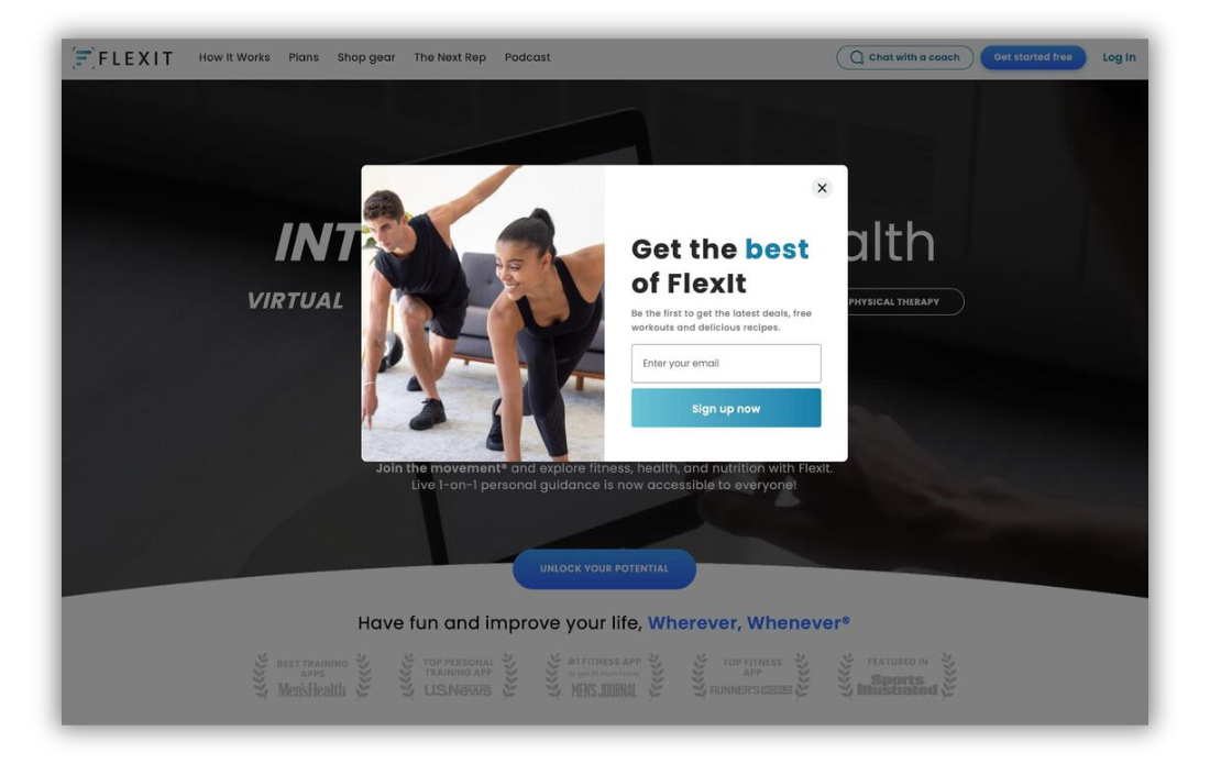 Healthcare email signup landing page offering a free fitness ebook in exchange for contact information