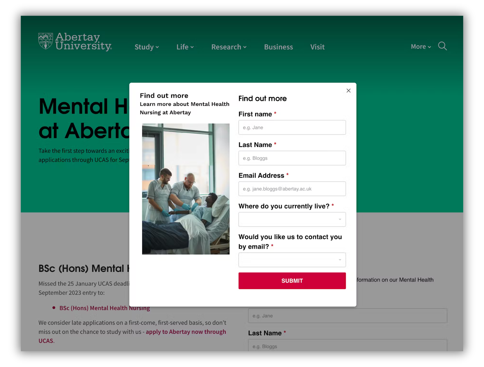 Mental health learn-more pop-up example for healthcare education lead capture