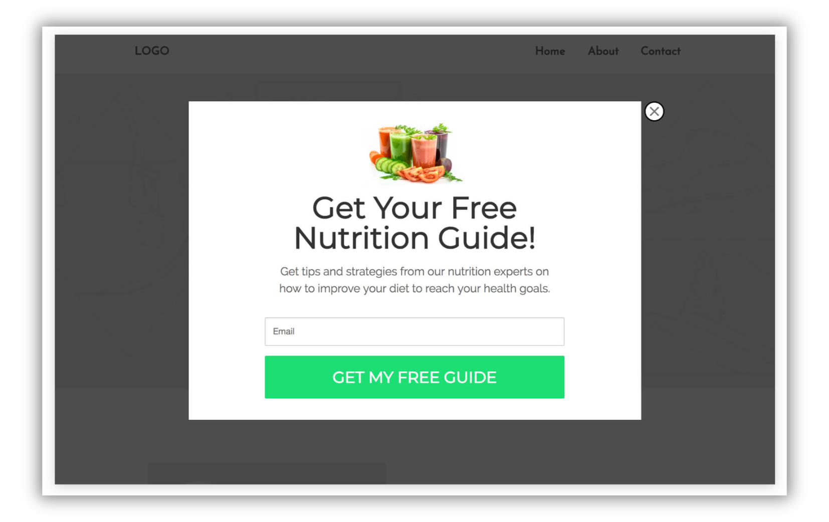 Nutrition guide pop-up form example for collecting healthcare content subscribers