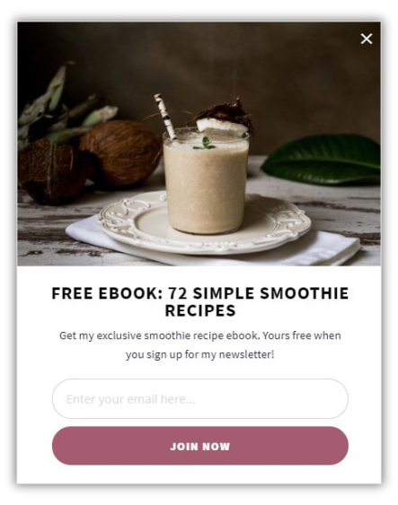 Smoothie ebook pop-up form example for nutrition-focused email capture