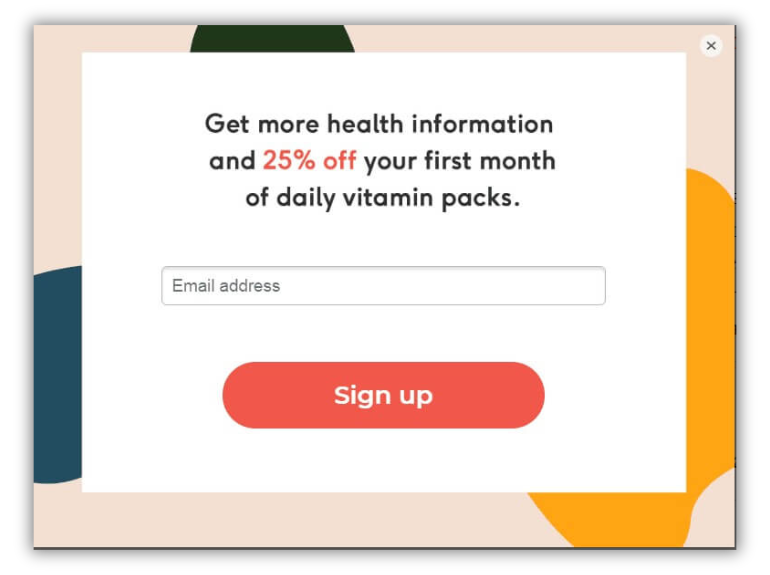 Vitamin discount pop-up form example for wellness ecommerce email acquisition