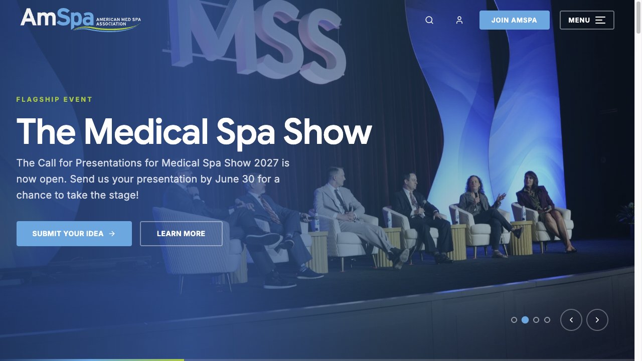 American Med Spa Association public home page with industry education and practice resources
