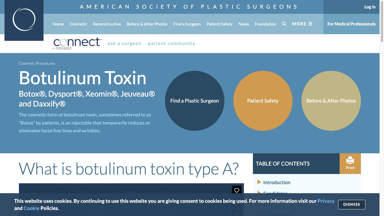 American Society of Plastic Surgeons public botulinum toxin treatment information page
