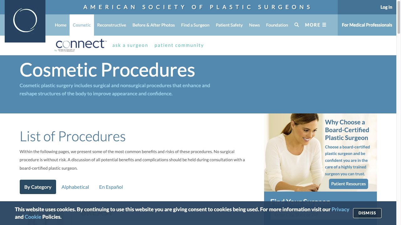 American Society of Plastic Surgeons public cosmetic procedure directory