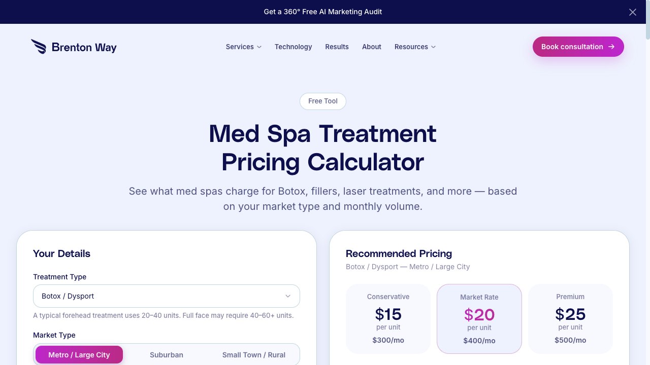 Brenton Way Med Spa Treatment Pricing Calculator with practice inputs and estimated pricing