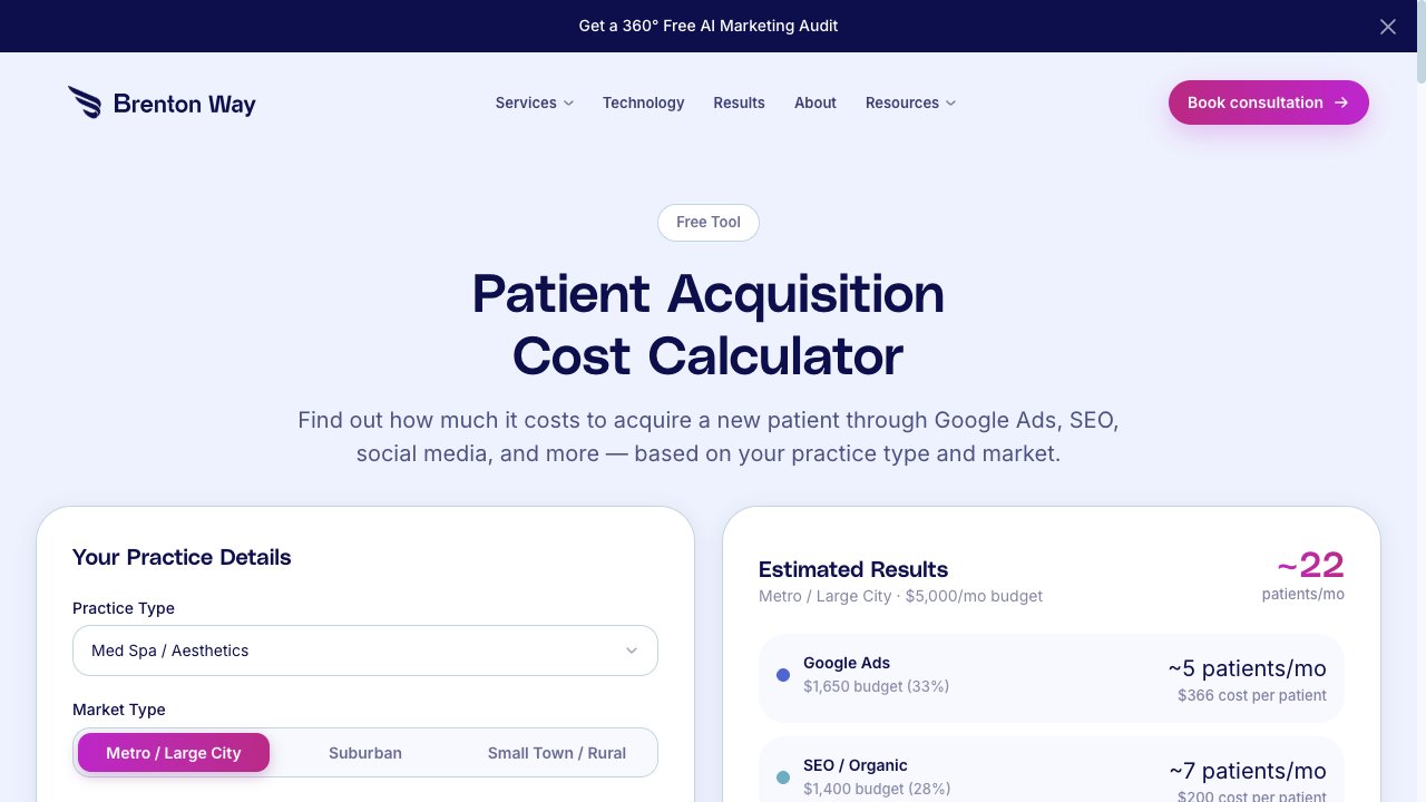 Brenton Way Patient Acquisition Cost Calculator showing practice inputs and channel estimates