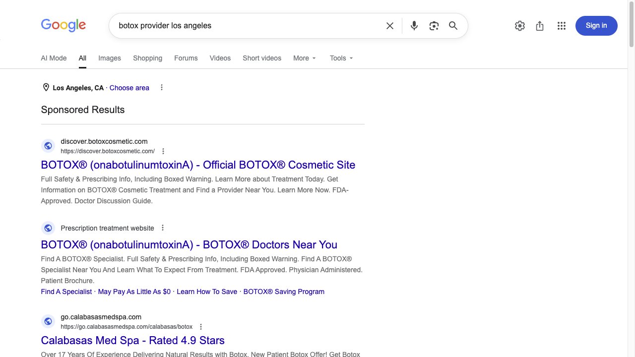 Public Google search results for Botox providers in Los Angeles showing ads and local practice options