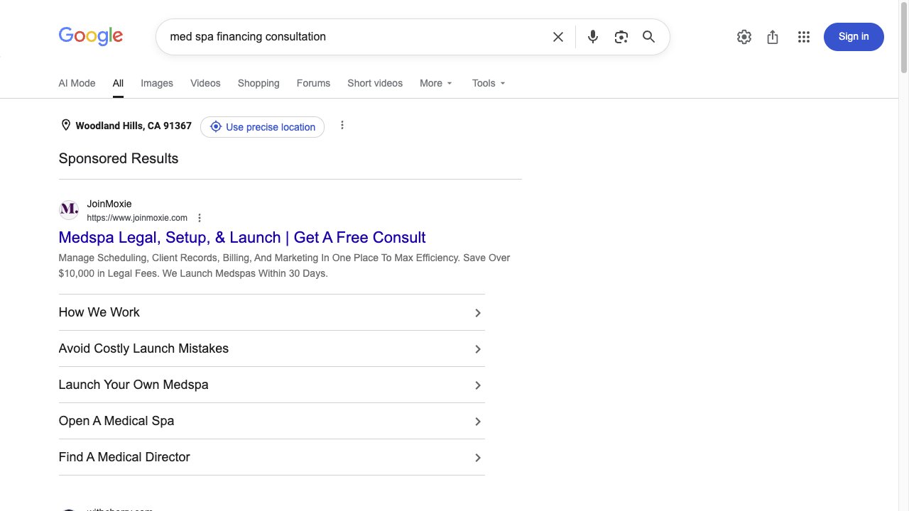 Public Google search results for med spa financing and consultation options