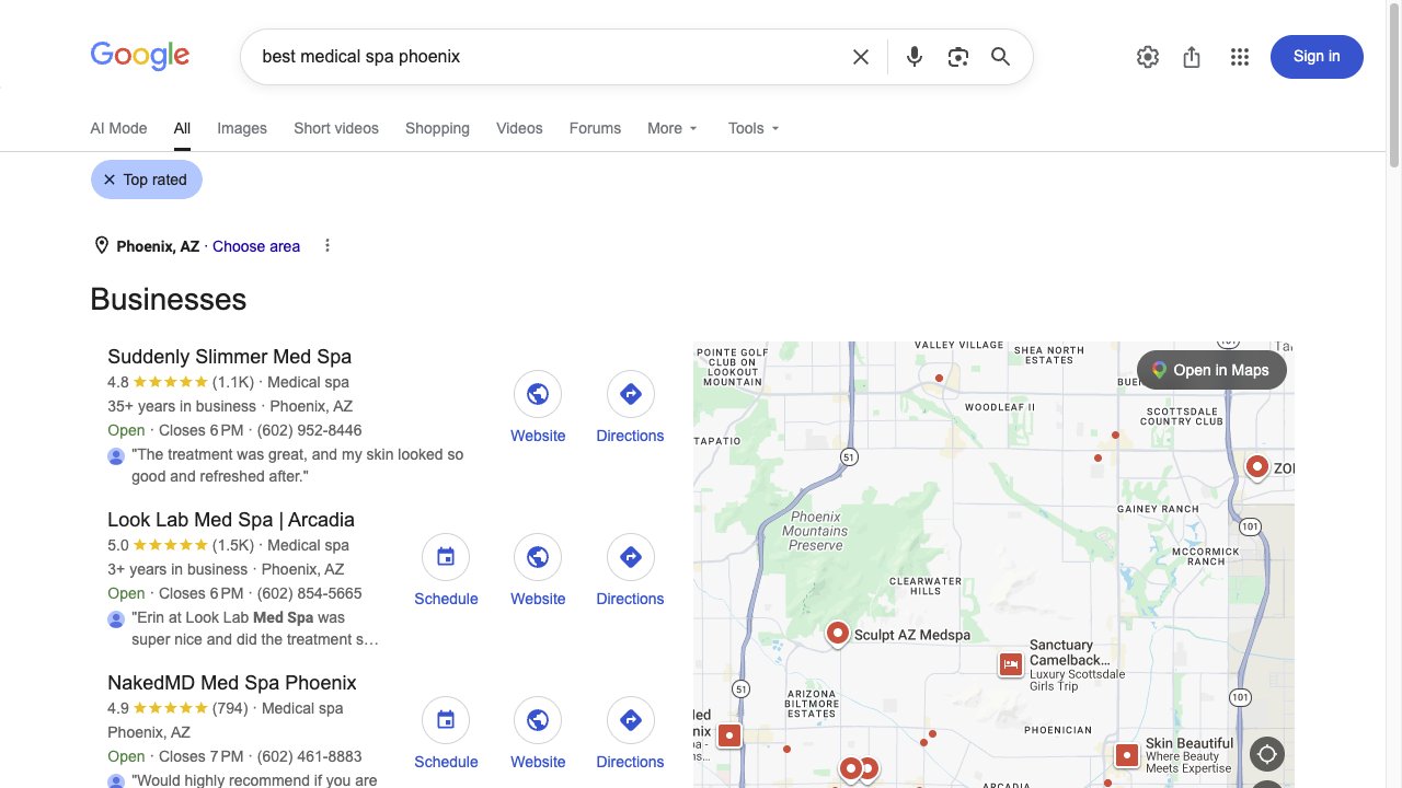 Public Google local search results for med spas near the searcher