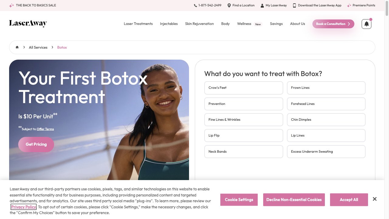 LaserAway public Botox page showing treatment messaging and consultation form