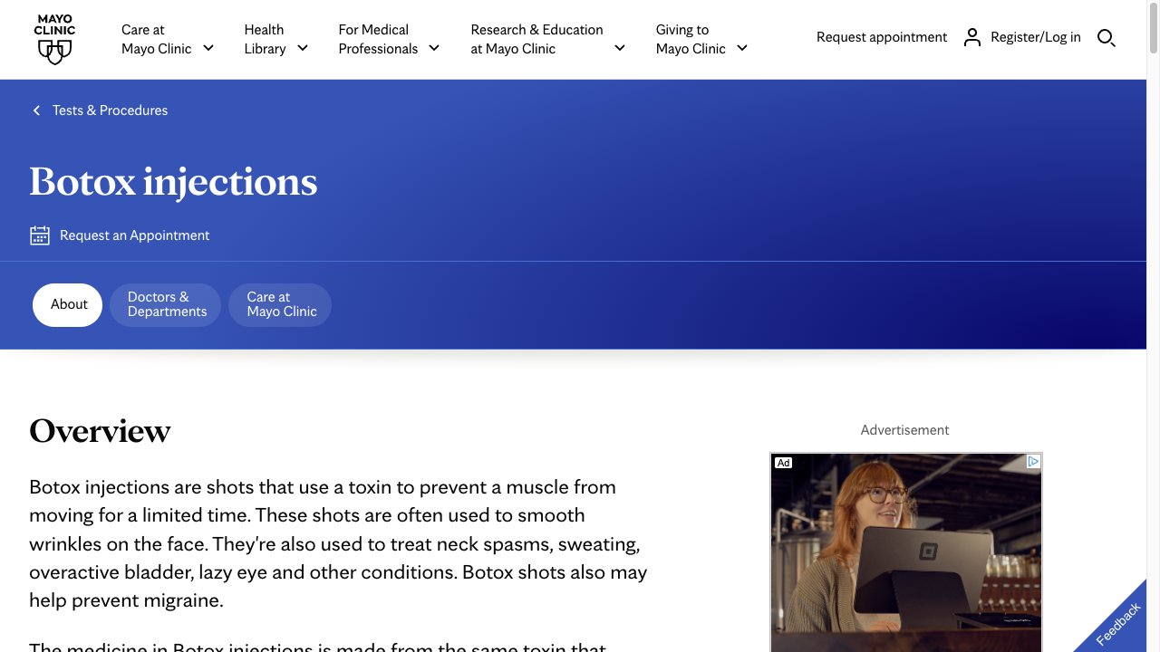Mayo Clinic public Botox overview explaining uses and treatment context