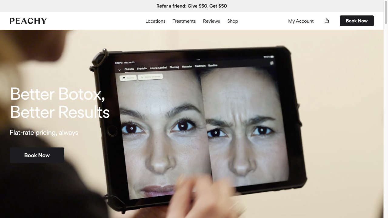 Peachy public Botox page with treatment proposition and booking call to action