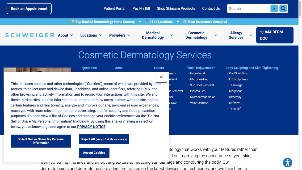 Schweiger Dermatology public cosmetic services page listing treatment categories