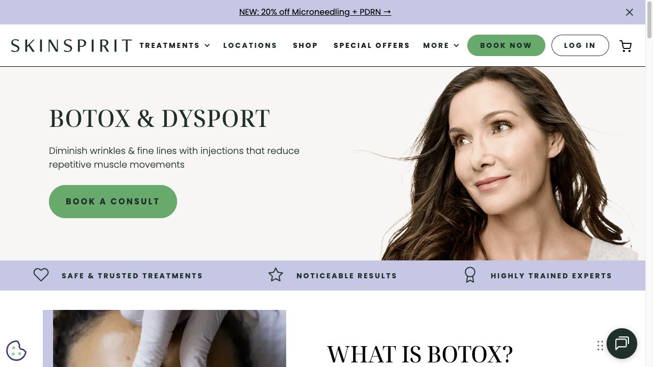 SkinSpirit public Botox and Dysport page showing treatment education and booking paths