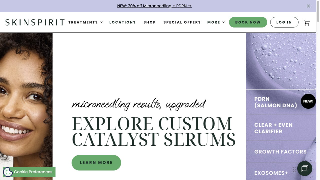 SkinSpirit public website showing medical-aesthetics navigation, treatment discovery, and booking paths