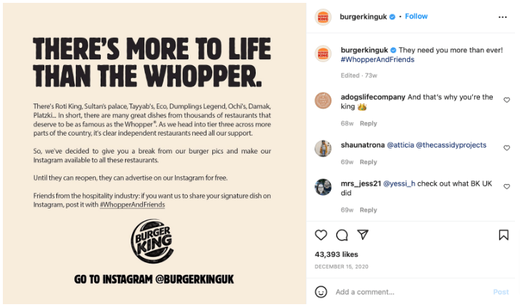 Screenshot from Burger King UK's Instagram