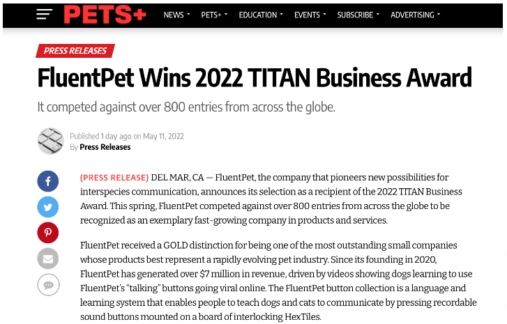 Screenshot from PetPlus PR 2022 TITAN Business Award